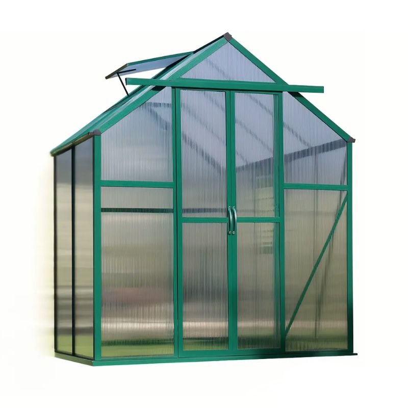 Green greenhouse with transparent panels on a white background