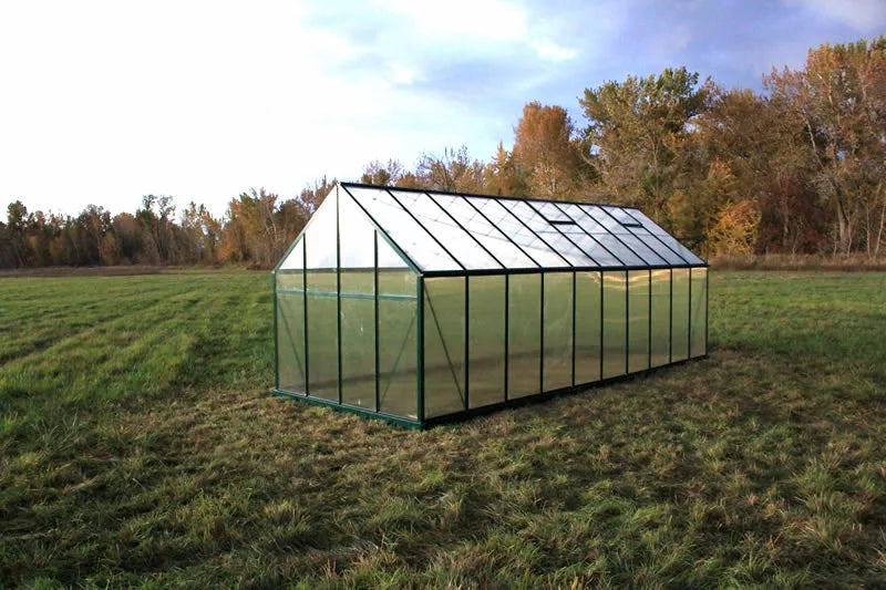 Greenhouse in a field with trees in the background