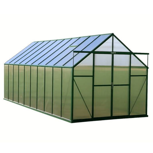 Greenhouse with a glass roof and metal frame on a white background