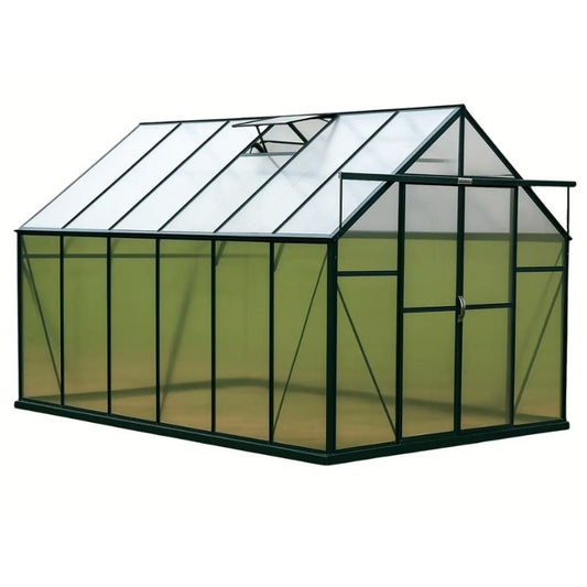 Greenhouse with transparent roof and green frame on a white background
