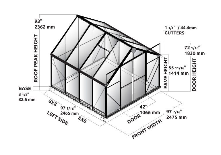 grandio greenhouse ascent model 8x8' dimension diagram
