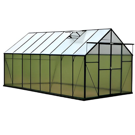 Greenhouse with transparent roof and green walls on a white background