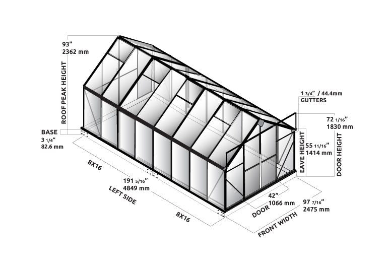 grandio ascent greenhouse kit 8x16' dimension diagram