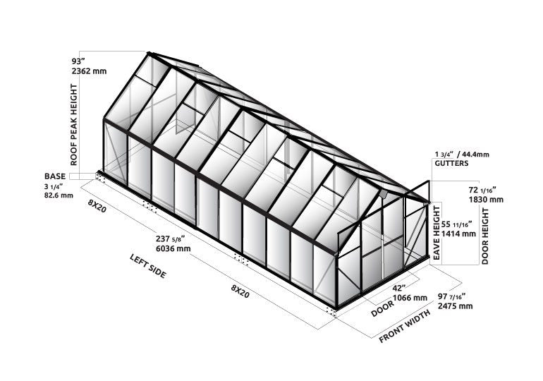 grandio greenhouse 8x20' dimension specifications diagram 