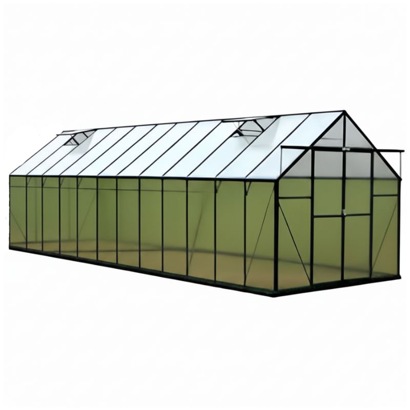 Greenhouse with transparent roof and green walls on a white background
